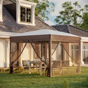 10' x 10' Pop-Up Canopy Tent with Netting Instant Sun Shelter for Parties Height Adjustable with Wheeled Carry Bag & 4 Sand Bags for Outdoor Garden Patio Cream