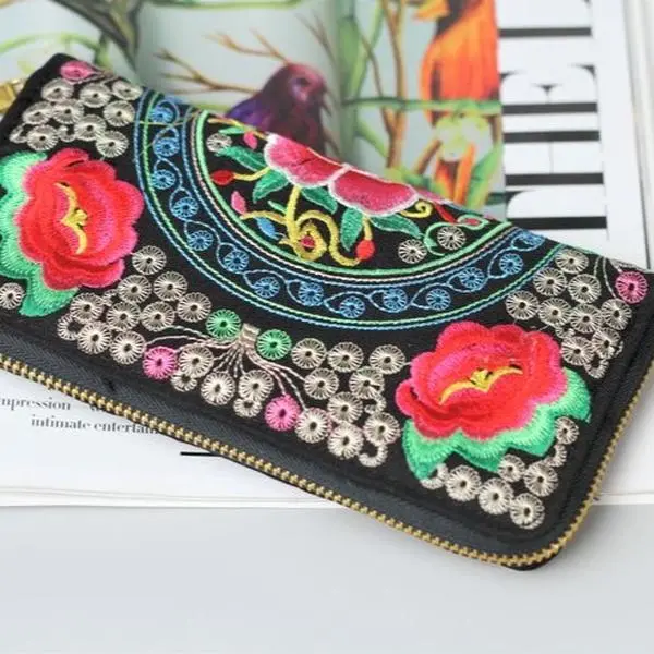 Artisanal Embroidered Wallet with Colorful Floral Design and Rainbow Card Holders for Everyday Use