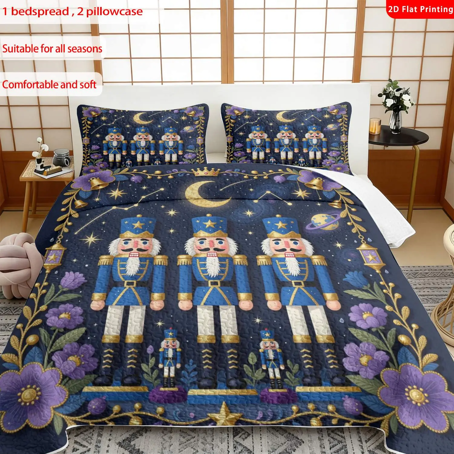 3pcs, 2D flat print Nutcracker soldier bed cover set, starry night moon theme, multiple sizes available, bedding set, festive decorative bedding, ideal for bedroom décor(1 bedspread , 2 pillowcase)