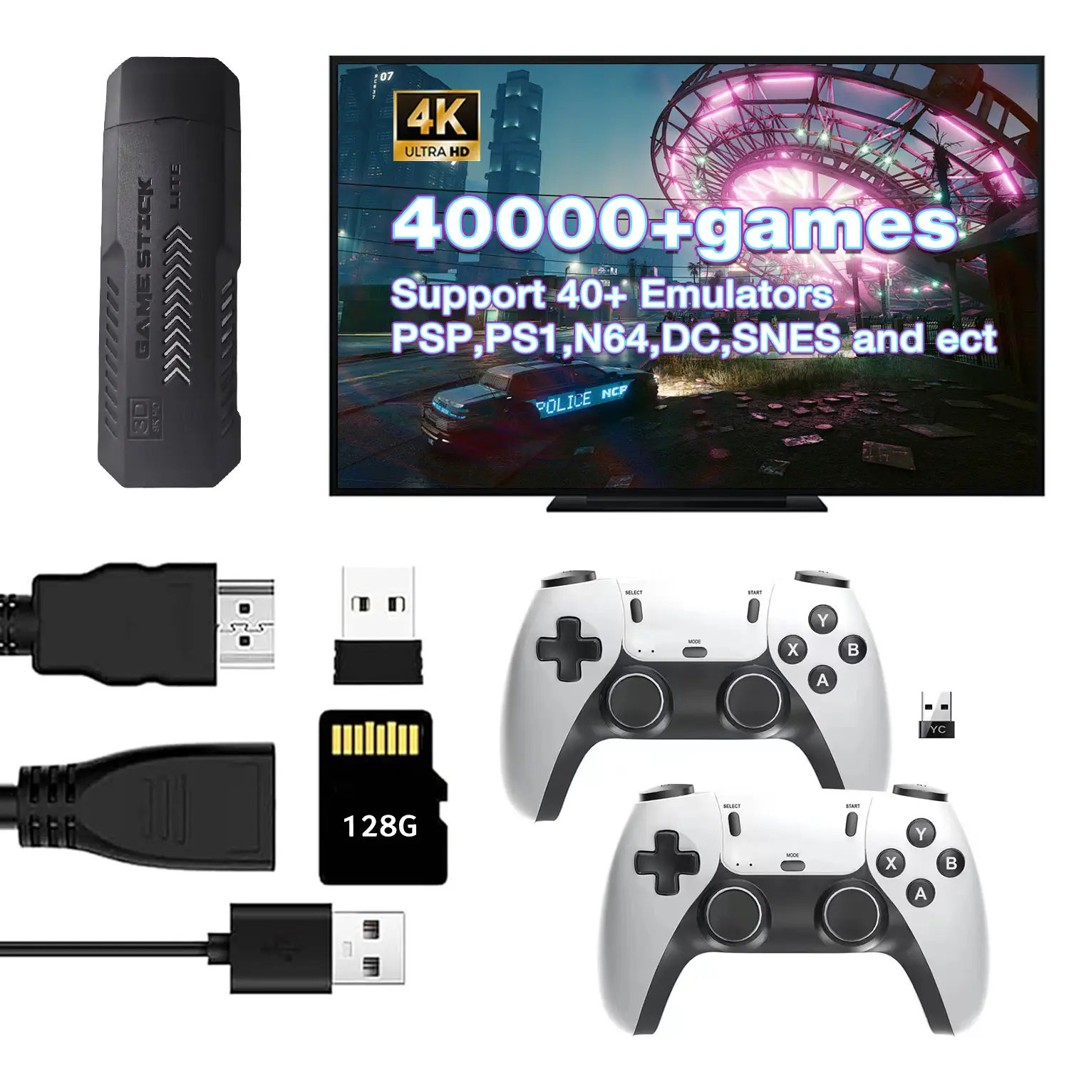 128G Wireless Retro X2 Game Console - 40+ Emulators, 40,000 Games, Dual White Controllers, Plug & Play, Good for Family Gatherings