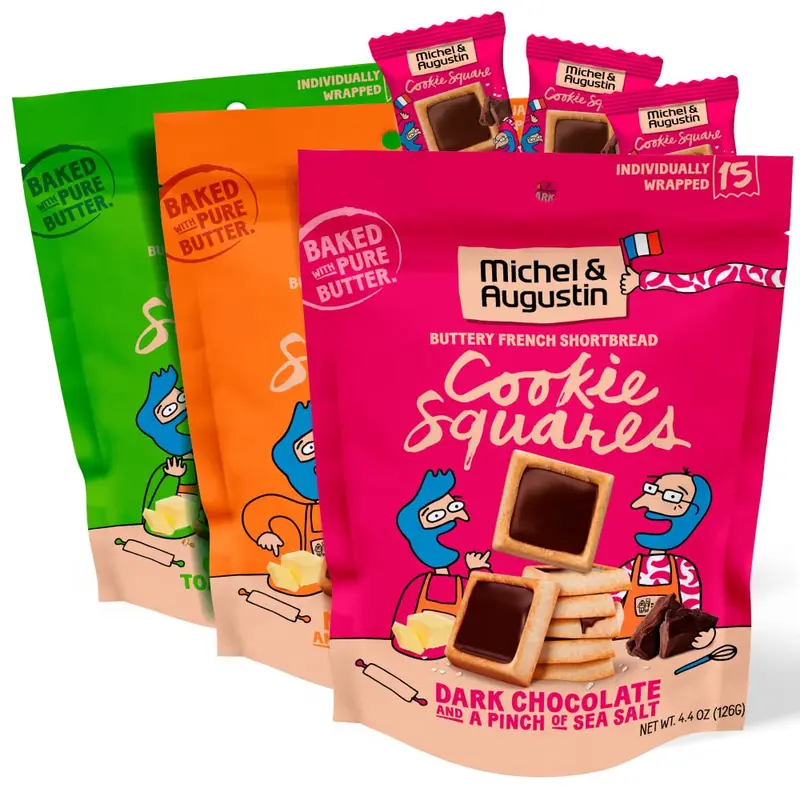 FLASH  SALE - Michel et Augustin Cookies, Individually Wrapped Snacks, 3 Bag Variety Pack, Gourmet Chocolate Shortbread, 15 French Butter Cookies per bag