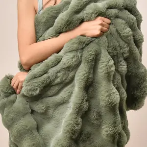 Luxury Faux   Throw Blanket, Ultra Soft Fluffy Plush Cozy Warm Bubble Blanket for Bed, Couch, Sofa Decorative, Thick Reversible Throw Suitable for Fall & Winter, 50" x 60", Olive Green