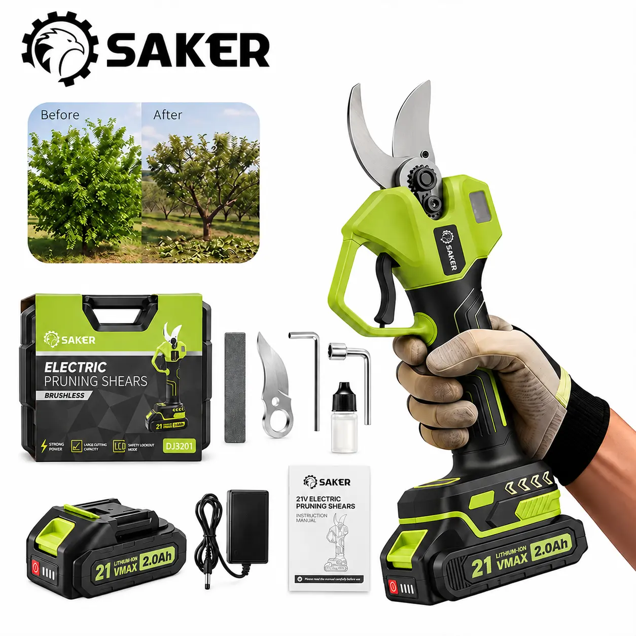 Saker Cordless Electric Pruning Shears, 1.25-Inch Branch Cutter with 1 Battery, 26000 RPM Brushless Motor, Fast Trimming for Garden, Shrubs, Branches and Stems