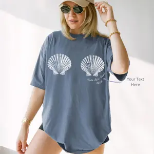 Customizable Text Seashell Mermaid Bra Graphic Oversized T-Shirt Women's Coastal Beachy Mermaidcore Preppy Summer Vacation Dusty Blue Cotton Personalized Bachelorette Party Girls Trip Retro Y2K Graphic Tee Shirt Top summervibes