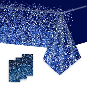 3Pcs Blue Silver Color Tablecloths Set, 3 Pcs 54x108 Inches Diamond Party Decorations, Disposable Plastic Rectangular Table Covers for Birthdays & Weddings