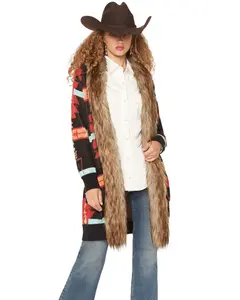 Panhandle Women's Southwestern Print Faux Fur Trim Cardigan - Lw95t07108