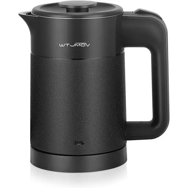 WTJMOV 0.6L Small Electric Tea Kettle Lightweight, 20 Ounce Double Wall Hot Water Boiler Stainless Steel Auto Shut-off, 120V Portable Travel Electric Kettle Fast Boil for Tea and Coffee, Black