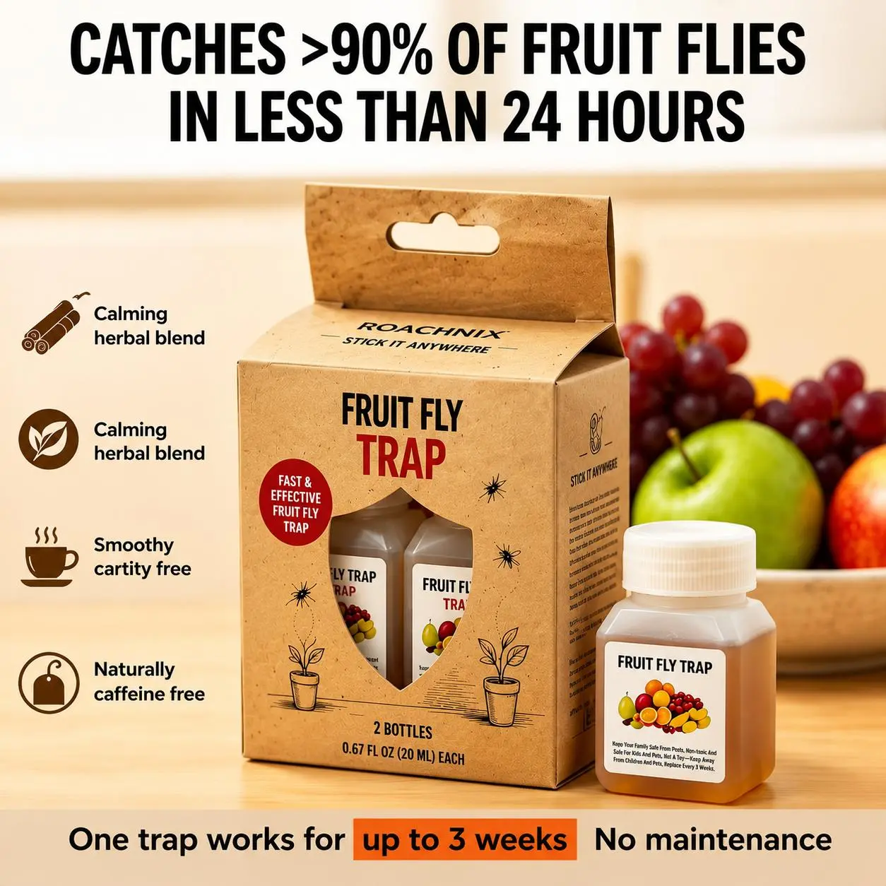 Indoor Fruit Fly Traps - 2-Pack Plant-Based Liquid Attractant Flying Insect Trapper, Pest Control Traps for Home Kitchen Countertops, Trash Bins