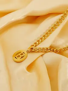 1 classic gold initial necklace, 14K gold-plated round letter pendant with hollow uppercase letter combinations, 5mm Cuban chain necklace, letters from A to Z, exquisite jewelry, suitable for both men and women, holiday gift