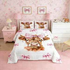 Highland Cow Bedding Set Boys Girls Highland Cattle Comforter Set for Kids Women Men Pink Bow Comforter Kawaii Animal Duvet Set Cute Quilt Set
