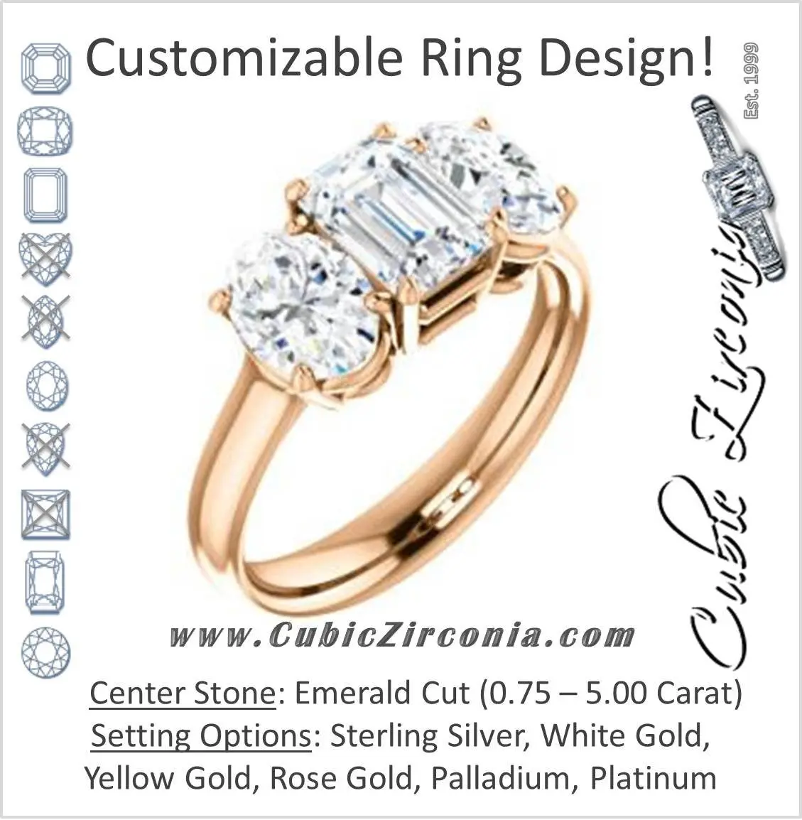 Cubic Zirconia Engagement Ring- The Rita (Customizable Emerald Cut Three-stone Style with Dual Oval Cut Accents)