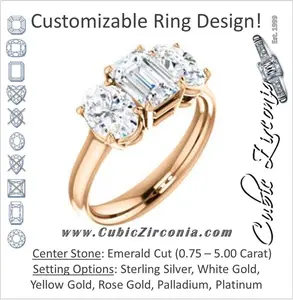 Cubic Zirconia Engagement Ring- The Rita (Customizable Emerald Cut Three-stone Style with Dual Oval Cut Accents)
