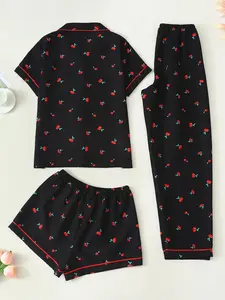Women's Sleepwear Set, Short Sleeve Cardigan Top + Shorts + Pants, Cherry Print, Casual Fitted Style, All Seasons, Pajama Set