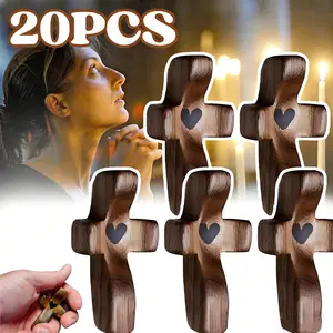 20 PCS Wooden Cross, Cross My Heart Encouragement Gift,Handheld Wooden Protection Crosses With Epoxy Heart,Portable Wood Pocket For Religious Gift For Men Women
