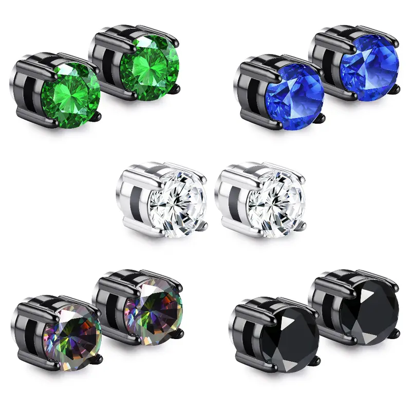 5 Pairs Stainless Steel Magnetic Earrings Set for Men Women 5-7MM Round CZ Unisex Magnet Earrings Set Hypoallergenic Non-Piercing Ear Clips Fake Earrings Trend Jewelry Hypoallergenic
