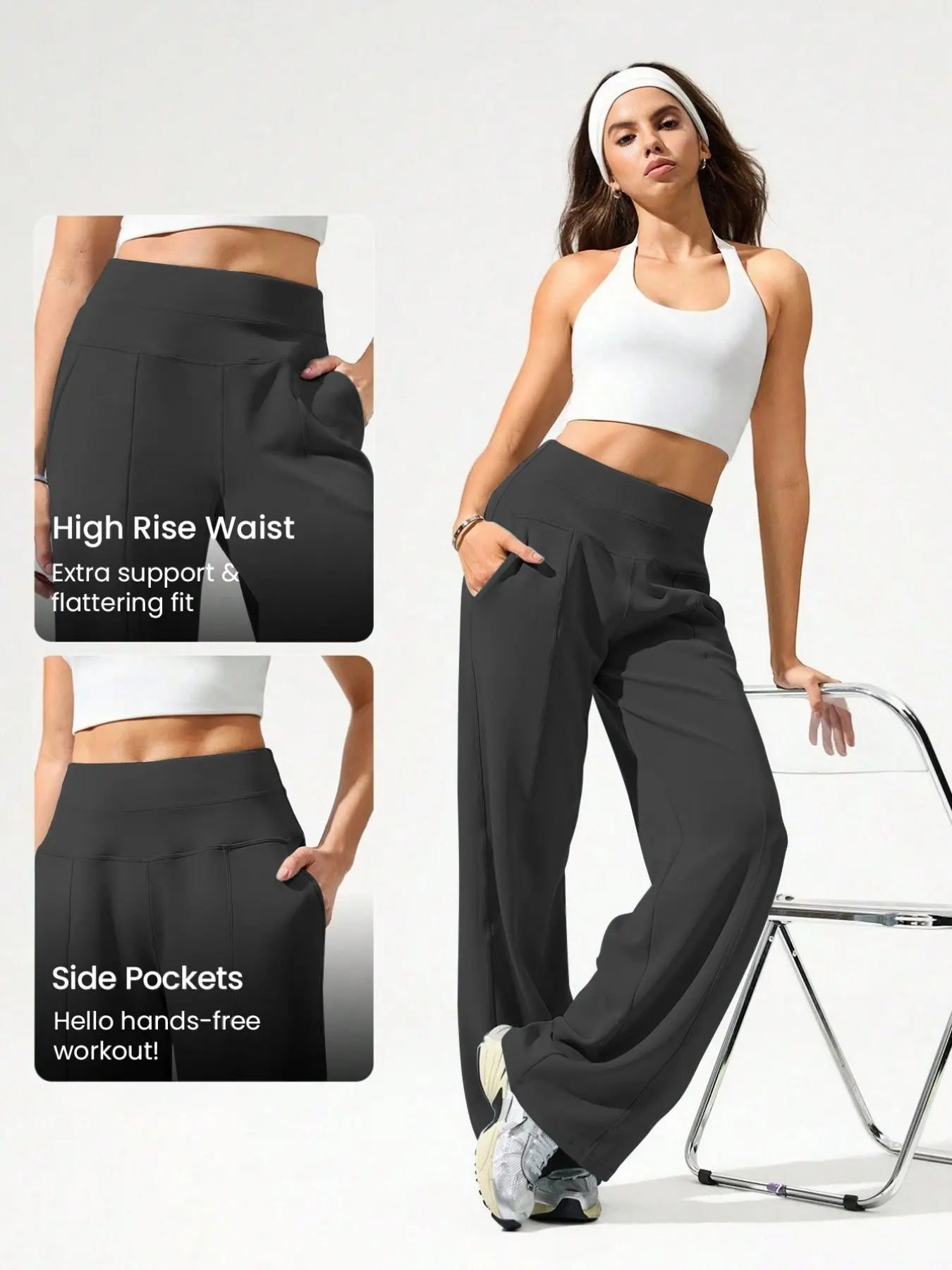 Women's High Waist Wide Leg Yoga Workout Pants, High Waisted Elastic Sweatpants, Long Loose Fit with Pockets, Comfortable Casual Daily Wear, Pure Color Sportswear, Activewear Pants, Fitness Training Pant, Fitness Bottoms