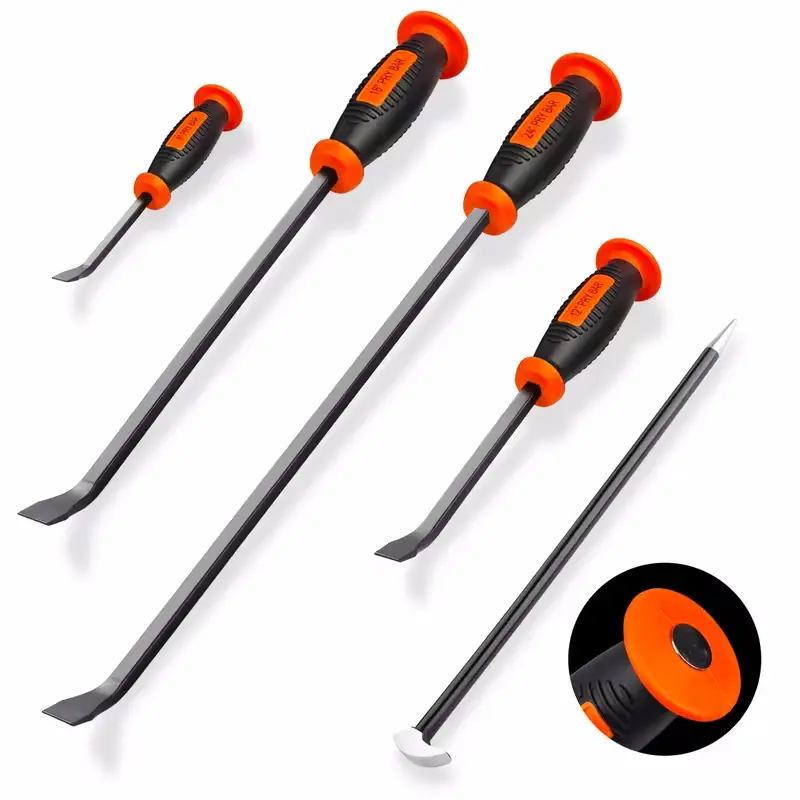 5-Piece Pry Bar Set, including 8, 12, 16, 18, and 24inch pry bars with beveled tips; high-quality pry bars equipped with reinforced metal striking caps, made of industrial-grade steel, suitable for home renovation, auto repair