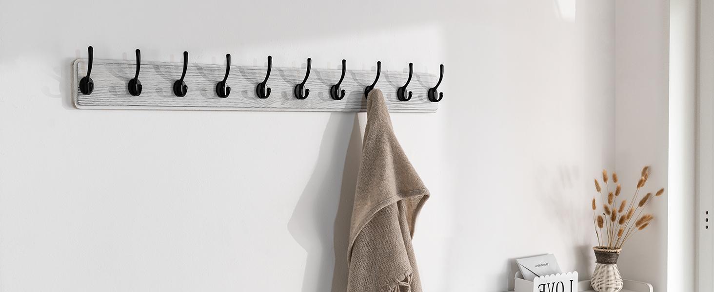 Farmhouse Style Wall Mounted Coat Rack, 38.6'' Pine Wood Coat Hook Hanger - 10 for Clothes Robes Towels