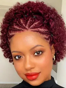 Human Hair Braided Curly Wig, 13x4 Transparent Lace Cornrow Braids with Curly Edges, Pre-Plucked Hairline Wine Red Wig, Curly Wigs Human Hair, Lace Front Wigs