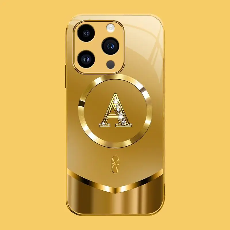 Suitable for [iPhone 14 Pro] high-end MagSafe phone case🥰，Luxury Gold 26 Initial phone Case Bling Monogram 952