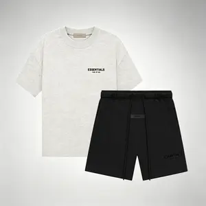 ear of God Essentials SS22 Two Piece Outfit Set Light Oatmeal Short Sleeve Crew Neck Tee Matching Black Casual Shorts Premium Streetwear Co-Ord Set for Men Women