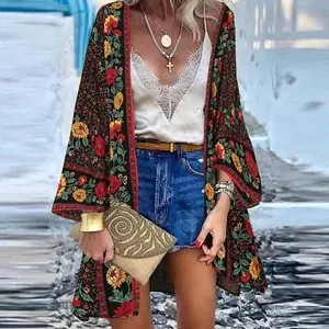 Bohemian Women Beach Cardigan Summer Floral Printed Blouse Kimono Vintage Open Front Long Sleeve Tunic