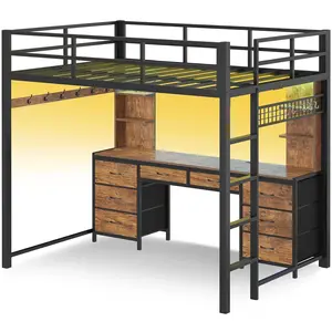 Full Size LED Loft Bed Frame with L-Shaped Desk Brown Steel Charging Station Wooden Guardrail