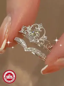 S925 Sterling Silver Crown Design Engagement Ring, Elegant Promise Ring for Girlfriend, Fashion Jewelry Accessories for Women As Gift, Promise Engagement Rings