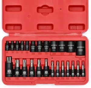 25 Piece Torx Bit and Socket Set, 13 Star Bits (T8- T60) & 12 E-Torx Sockets (E4-E22),