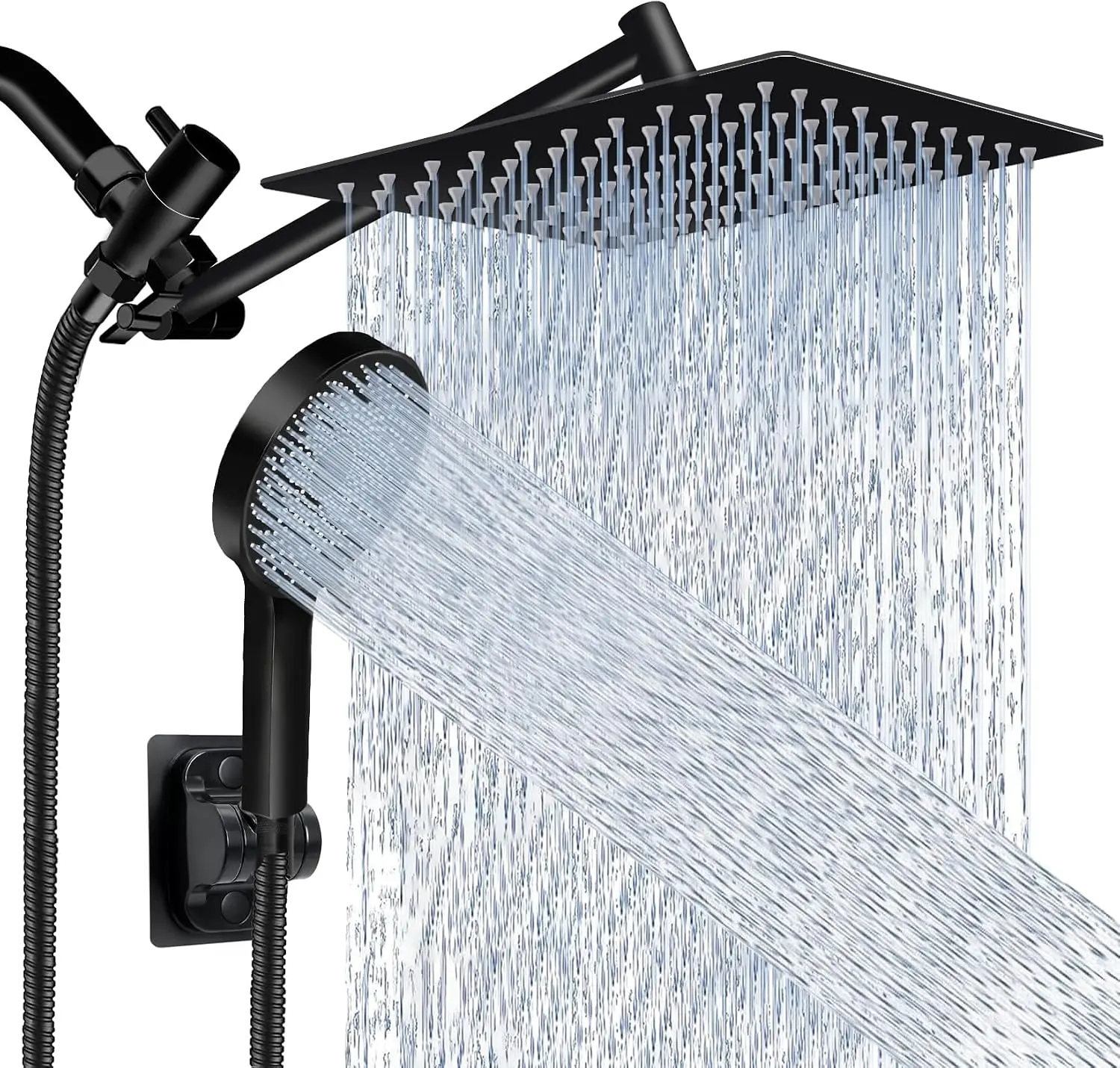 Shower Head, High Pressure Rain Shower Head with Handheld Spray Combo, Adjustable Dual Rainfall Shower Head - Showerhead Comb Set with Extension Arm - 60 Inch Long Shower Hose (Black-02)