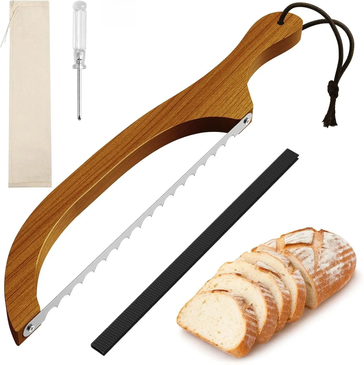 Bread Knife for Homemade Bread – 16" Walnut Bow Bread Cutter with Ultra-Sharp Serrated Stainless Steel Blade, Sourdough Bread Knife for Bagels, Baguettes, and Rustic Loaves - Walnut Color