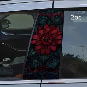2pcs Red Lotus Green Peacock Pattern Dark Blue Base Pattern Car Sticker B-Pillar DIY Middle Pillar Film Decorative Car Accessory