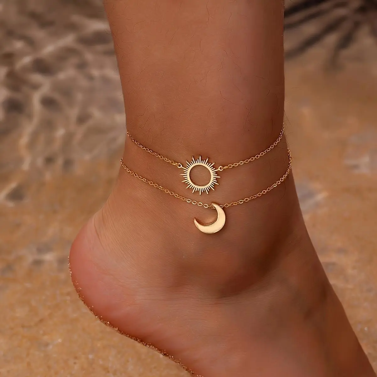 Silver Ankle Bracelet Set for Women, Dainty 2-Piece Adjustable Chains with Celestial Sun and Moon Pendants, Adjustable Anklets