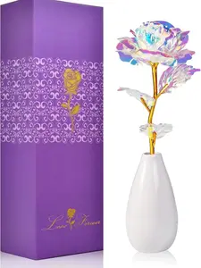 Mothers Day Mom Gifts - Artificial Rose Flower with Vase - Purple Box - Ideal for Valentine's Day, Christmas, Birthday, and Anniversary Decor Decorative