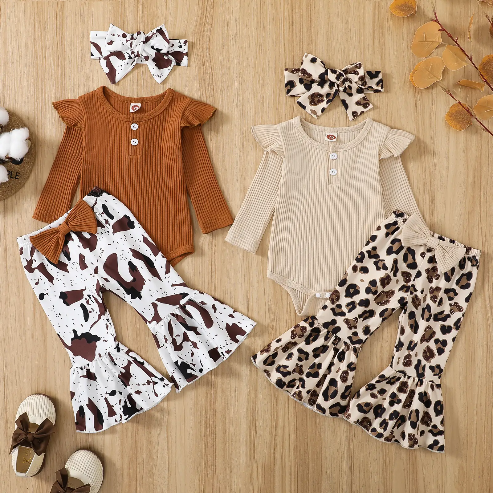 Infant Baby Girls Autumn Jumpsuit Solid Color Ribbed Fly Sleeve Round Neck Romper + Leopard/Cow Flare Pants