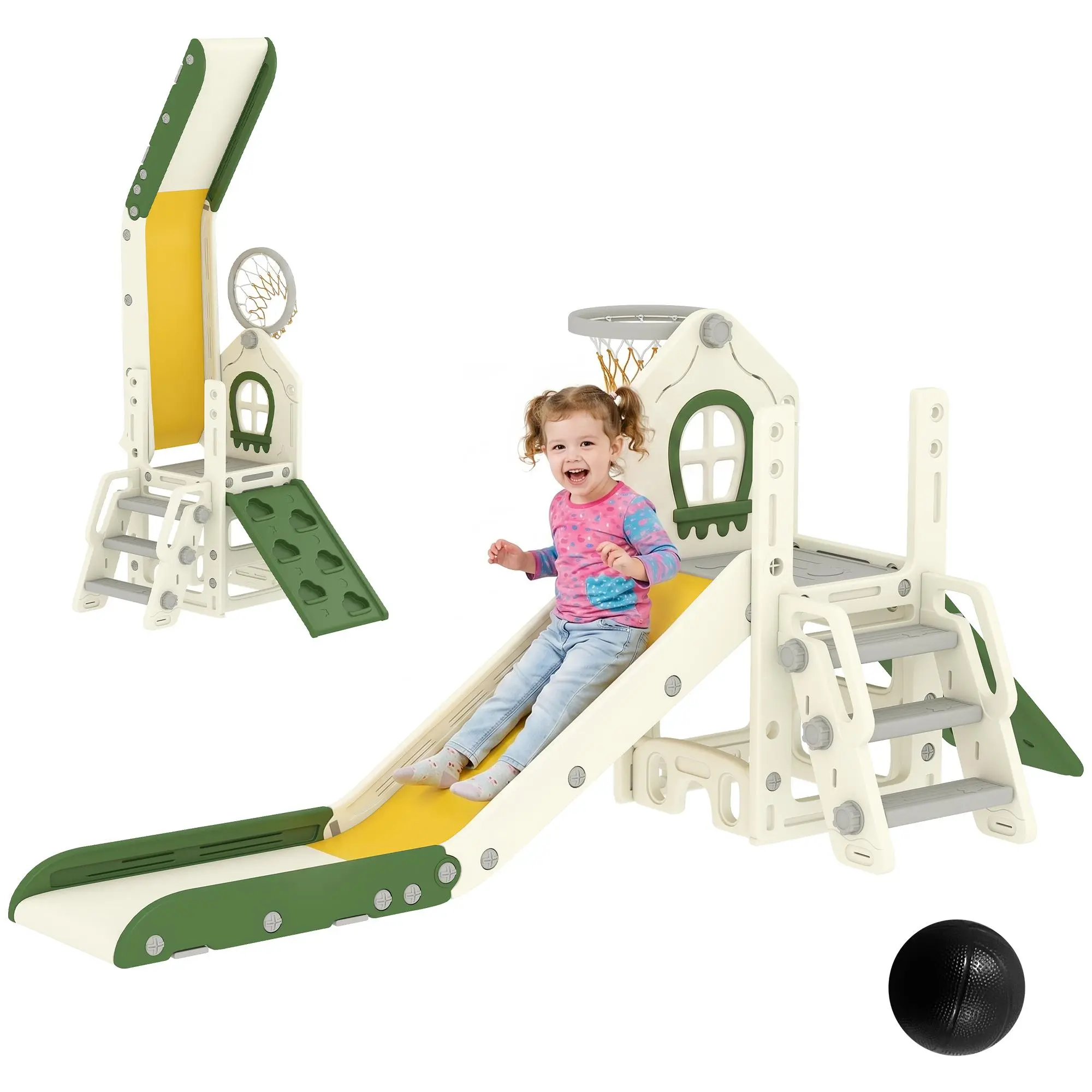 Qaba Toddler Slide, Foldable 5 in 1 Kids Indoor Playset with Ladder, Climbing Wall, Basketball Hoop, Storage Space and Basketball, Toddler Playground for 1-3 Years Old, Cream White