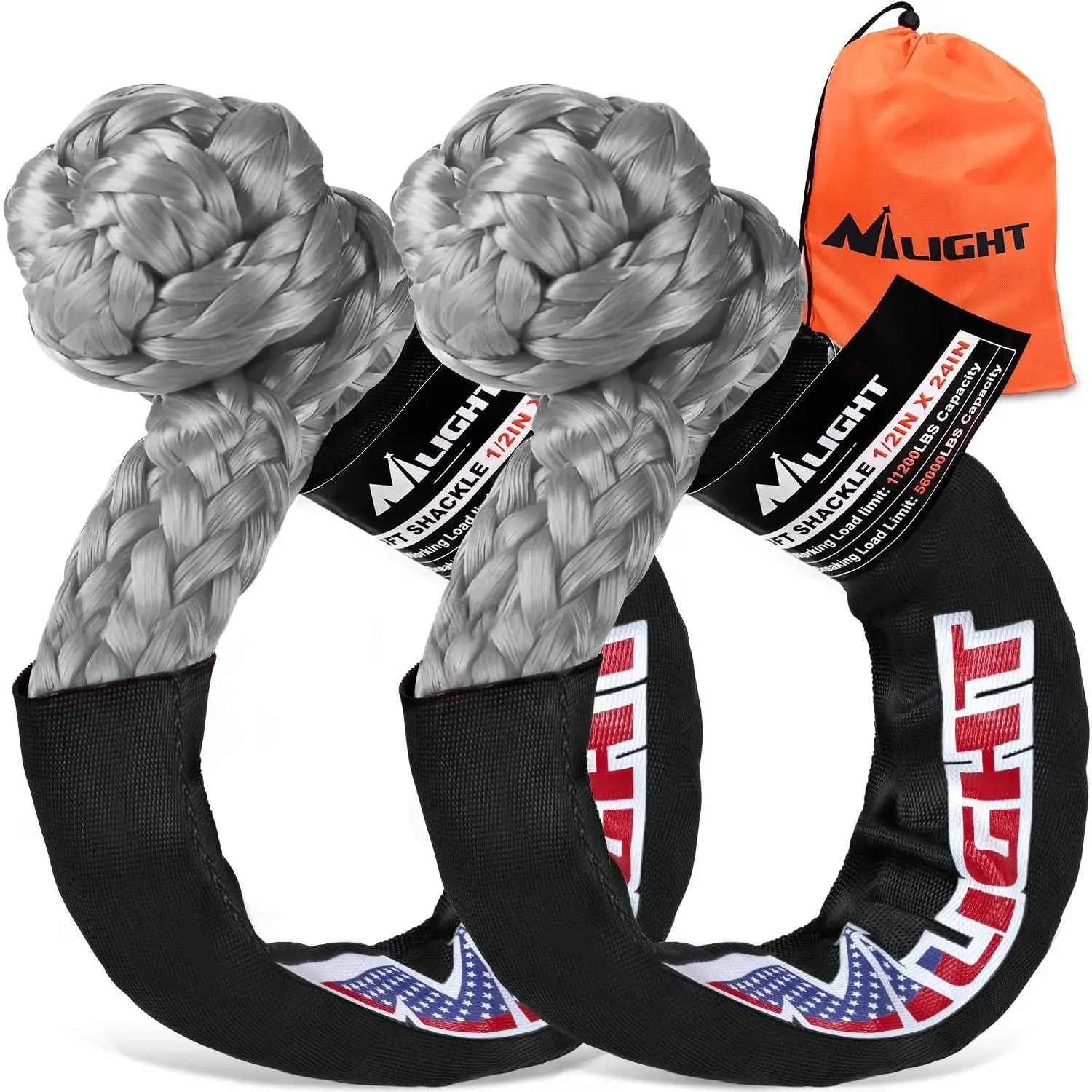 Nilight 2PCS Synthetic Soft Swivel Tow Shackles, 1/2 in x 24 in, 56000 LBS Breaking Strength with Extra Sleeves, Heavy-Duty Towing Straps & Ropes for Off-Road SUV Trucks 4x4 (Gray), Swivel Tow Shackle Towing Straps & Ropes
