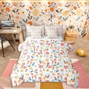 Groovy Flower Bed Bag,Kids Girls Teens,Kids Cartoon Floral 7 Piece Bedding Set,Botanical Theme Bed Set,Wildflower Comforter Bed Set with Sheets