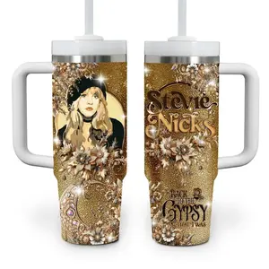 Stevie Nicks Inspired Gold Glitter Tumbler, Boho Floral 40oz Travel Mug with Handle and Straw, Music Lover Gift