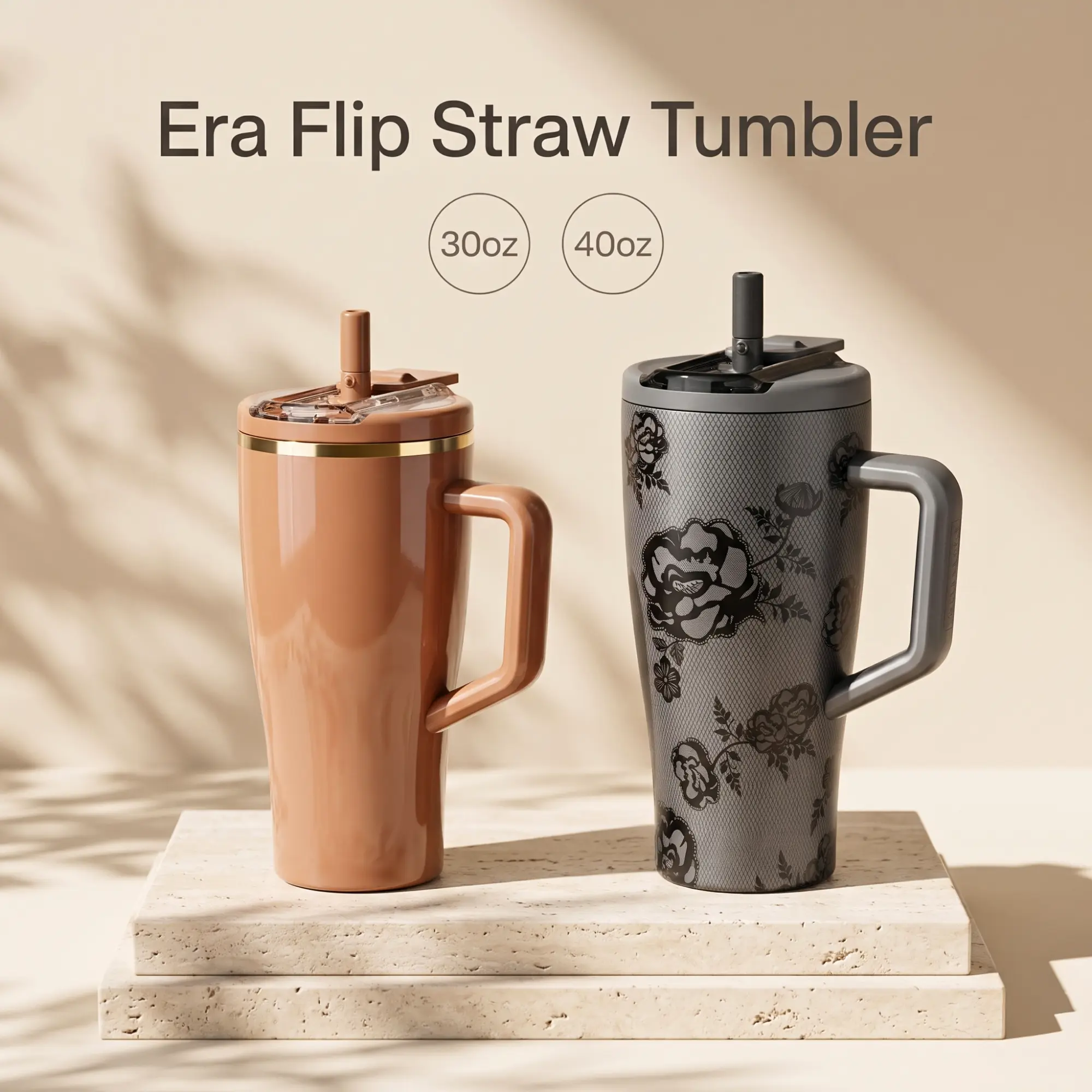 [LIMITED DEAL] 30oz/40oz Era Flip Covered Flip-Down Straw Tumbler with Handle, 100% Leakproof Tumbler, 24Hr Cold Cup, Cup Holder Friendly