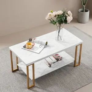 Rectangular Double Layer Faux Marble Coffee Table Gold Metal Frame Waterproof MDF Tabletop Modern Minimalist Center Tea Table Easy Assembly Accent Furniture For Living Room Bedroom Entryway Balcony Home Decor