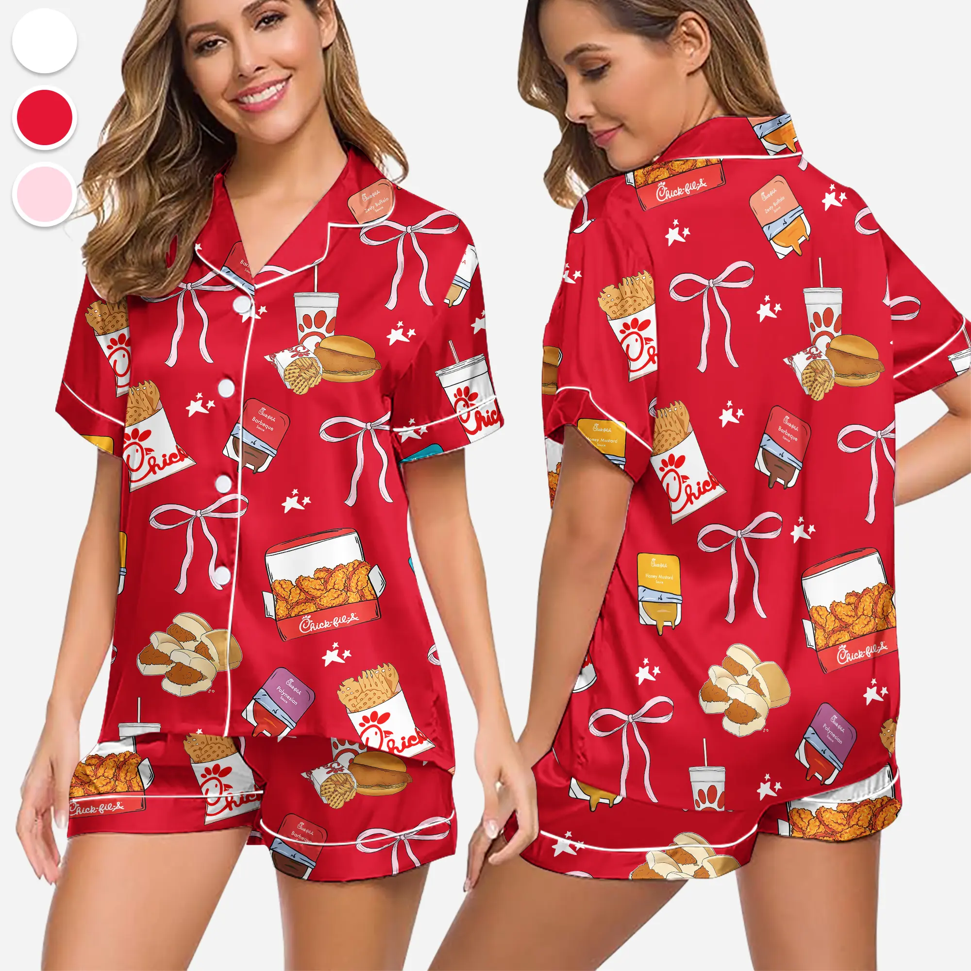 Coquette Chicken Nuggest Pajamas Set, Chicken Print Sleepwear, Comfy Satin Sleepwear, Womenwear, Gift for Her, Summer is comming