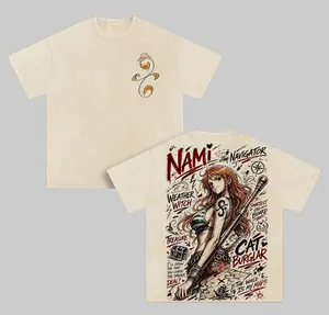 Men's Oversized Nami Anime Double-Printed Vintage Washed Seamless Round Neck Short-Sleeve Heavyweight Cotton Apparel T-Shirt, Unisex