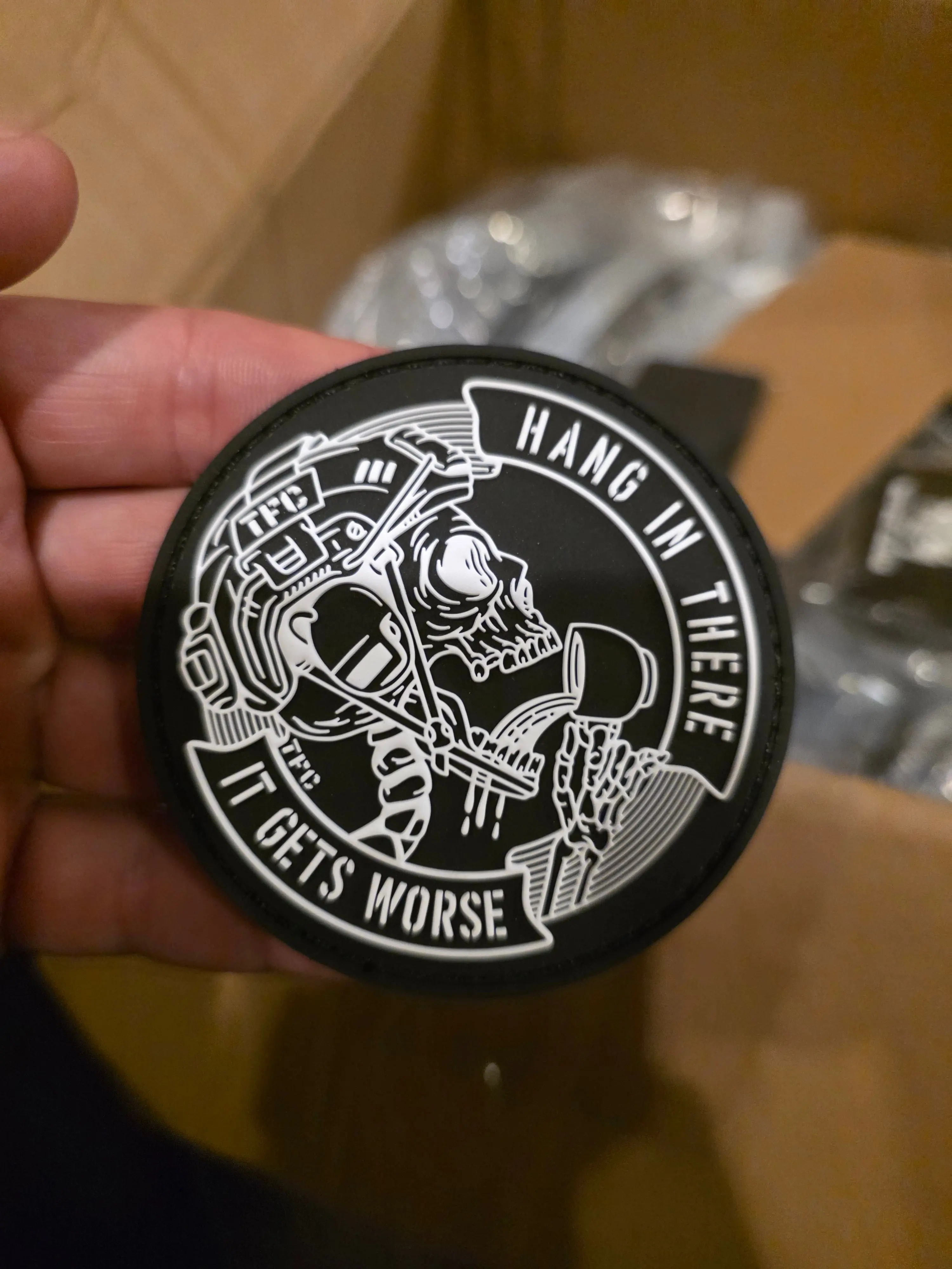 Dark Humor Resilience Embroidery Velcro Patch - Round Shape, Velcro Fasten, "Hang in There it Gets Worse", 2x2in/3x3in, Durable Easy-to-Attach High-Quality Sewing Supply for Military Personnel