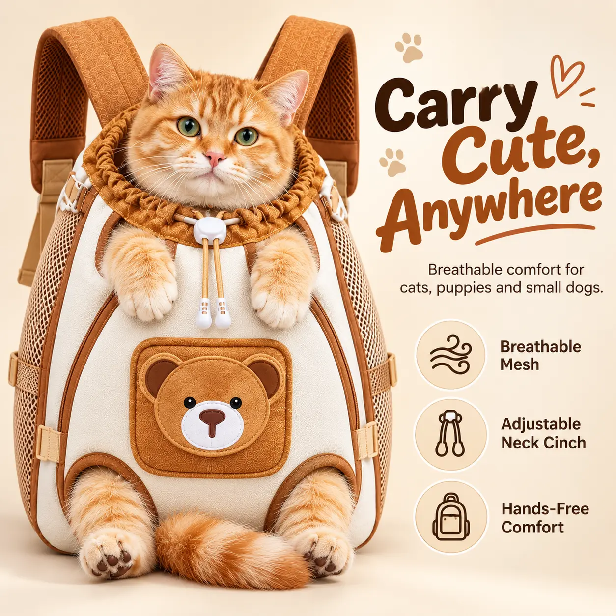 Carry Cute Anywhere Backpack for Cats Puppies and Small Dogs Breathable Mesh Adjustable Neck Cinch Hands Free Comfort