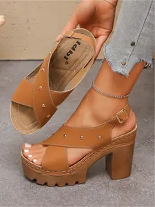 Women's High Heel Chunky Block Heel Sandals Summer New Multicolor Rivet Thick Sole Roman Shoes Vintage Chunky Platform Slip-On Comfortable Women Footwear