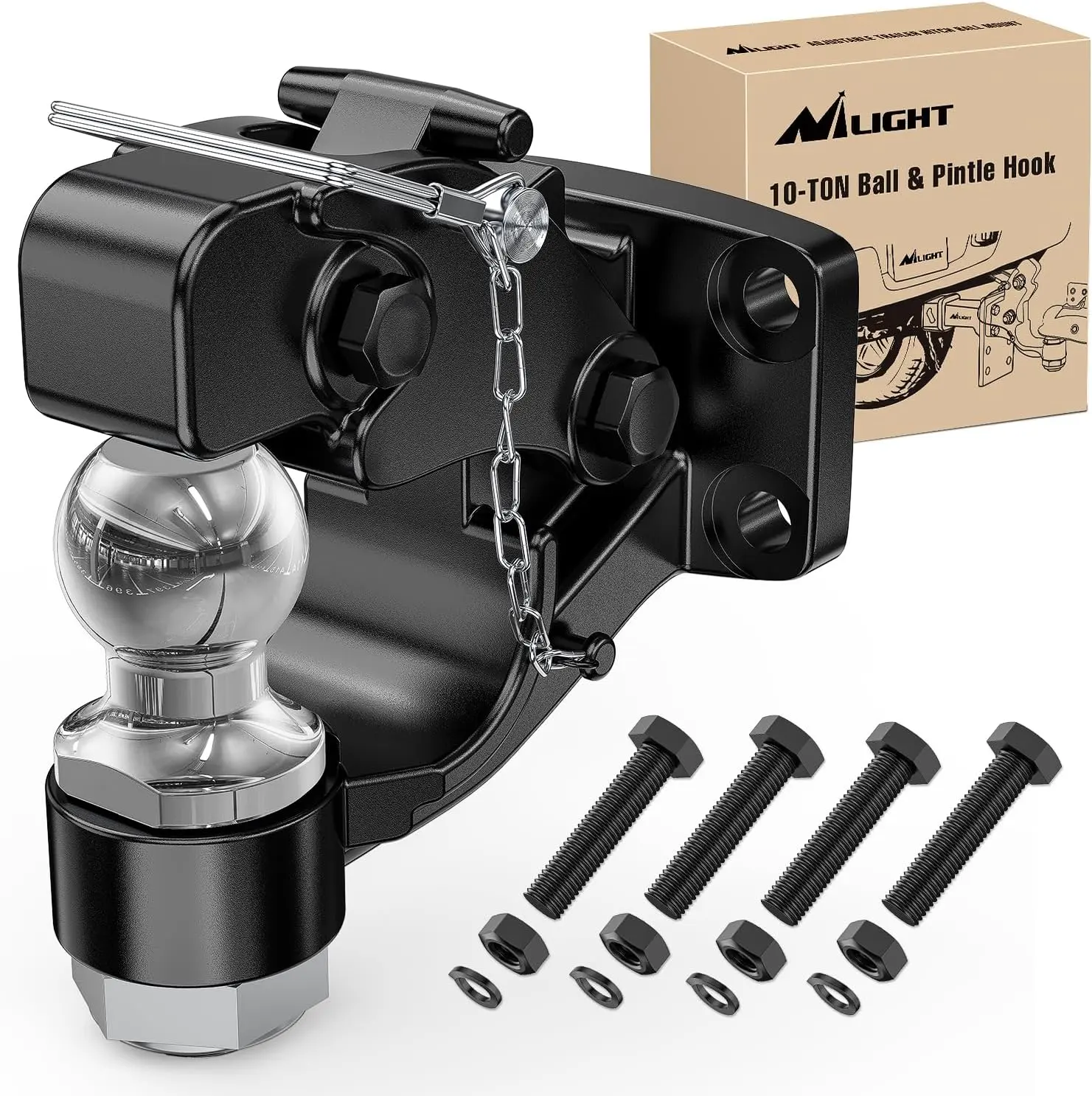 Nilight Pintle Hook Trailer Hitches Receiver Hook Combination 2” Hitch Ball with Mounting Kit, 12000LBS Black Bolt On Adjustable Powder-Coated Towing Harness