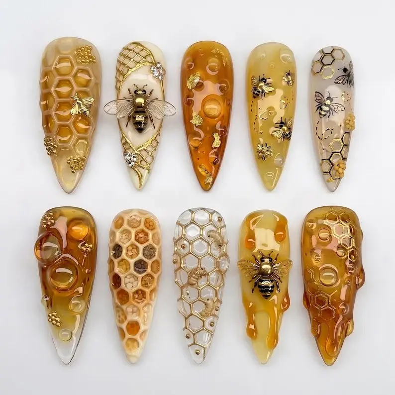 3D Honey Bee Press On Nails | Golden Honeycomb Dripping Honey Nail Art | Amber Yellow Long Stiletto Nails | Handmade Bumblebee Luxury Nail Set