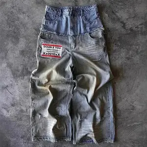 Vintage Street Hip-Hop Distressed Patchwork Double-Waist Ripped Rivet Loose Wide-Leg Straight Jeans