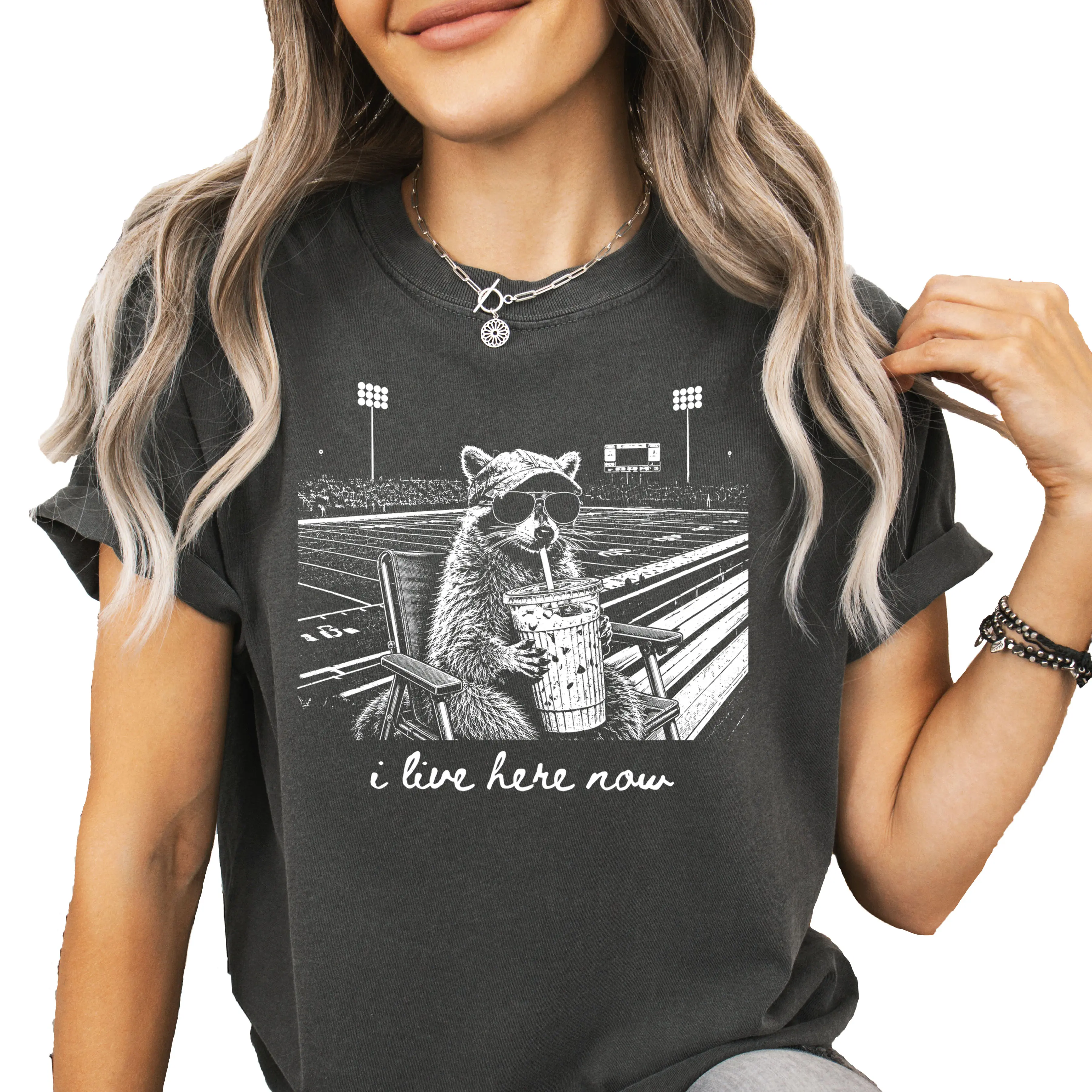 I Live Here Now Funny Raccoon Football Shirt for Women Game Day Tailgate Tee for Football Mom